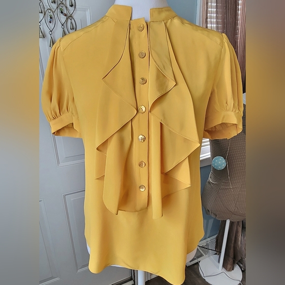Ali Ro Tops - Ali Ro Ruffle Front 100% Silk Button-Up Blouse Womens 4 Goldenrod Short Puff Sle